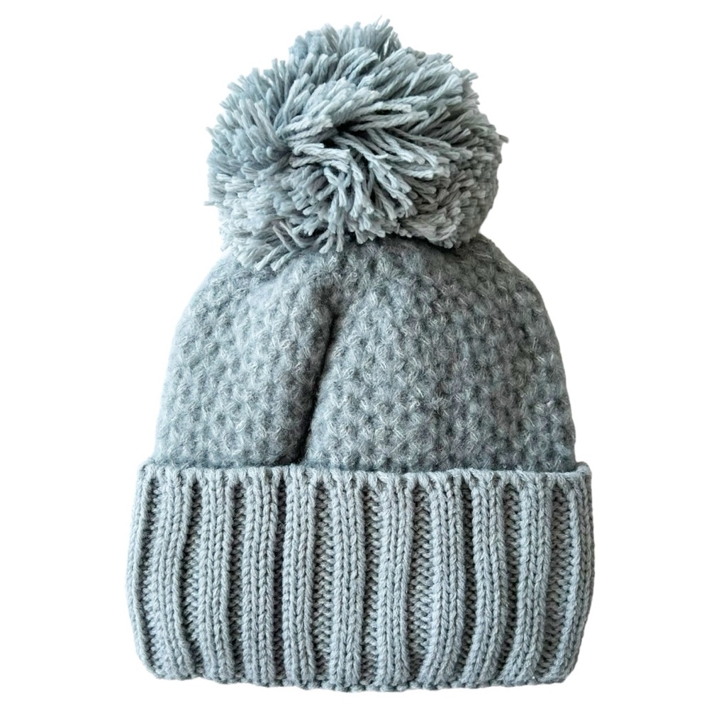 Look Cashmere Blue Grey Chunky Knit Lined Pom Pom Beanie | NWT